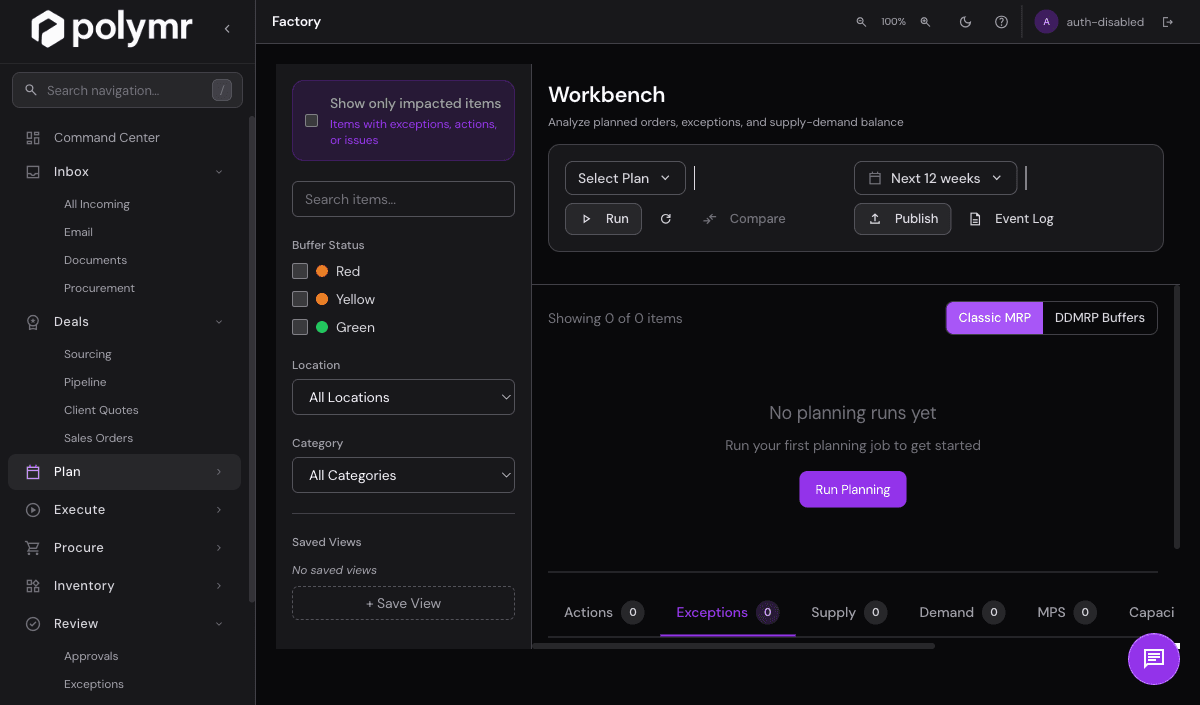 Polymr planning workbench with live net requirements and exception queue