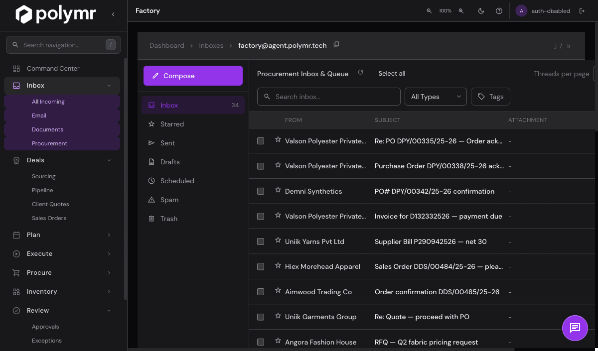 Polymr procurement inbox parsing supplier delay notifications from email and portal